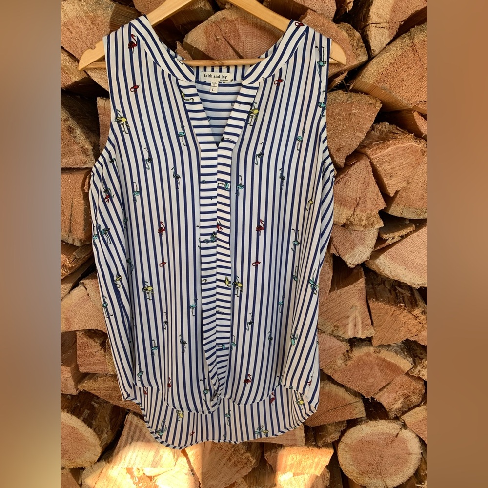 Nautical Blue White Striped Sailor Bird Top Women Large Faith & Joy